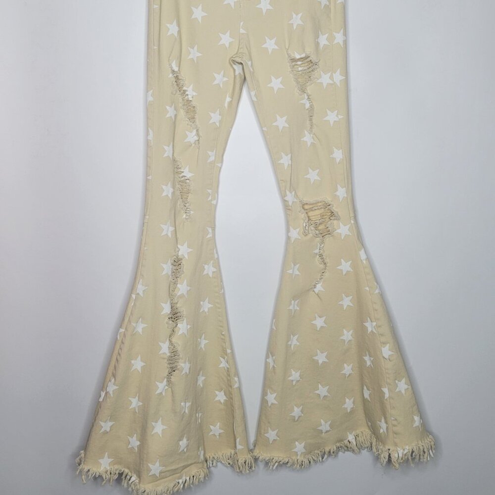 Women’s Bell Bottom Jeans Retro Peach Love California Star S Distressed Beige